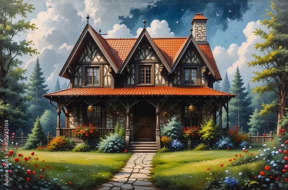 Obraz premium A charming stone and timber house with a red roof sits nestled amongst lush greenery, bathed in soft light. A stone path leads to its inviting porch.