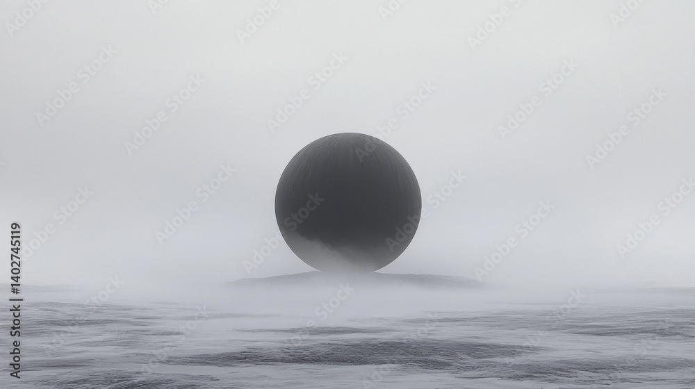 A large, black sphere sits atop a small, rocky island in a foggy sea. A large, black sphere sits atop a small, rocky island in a foggy sea.