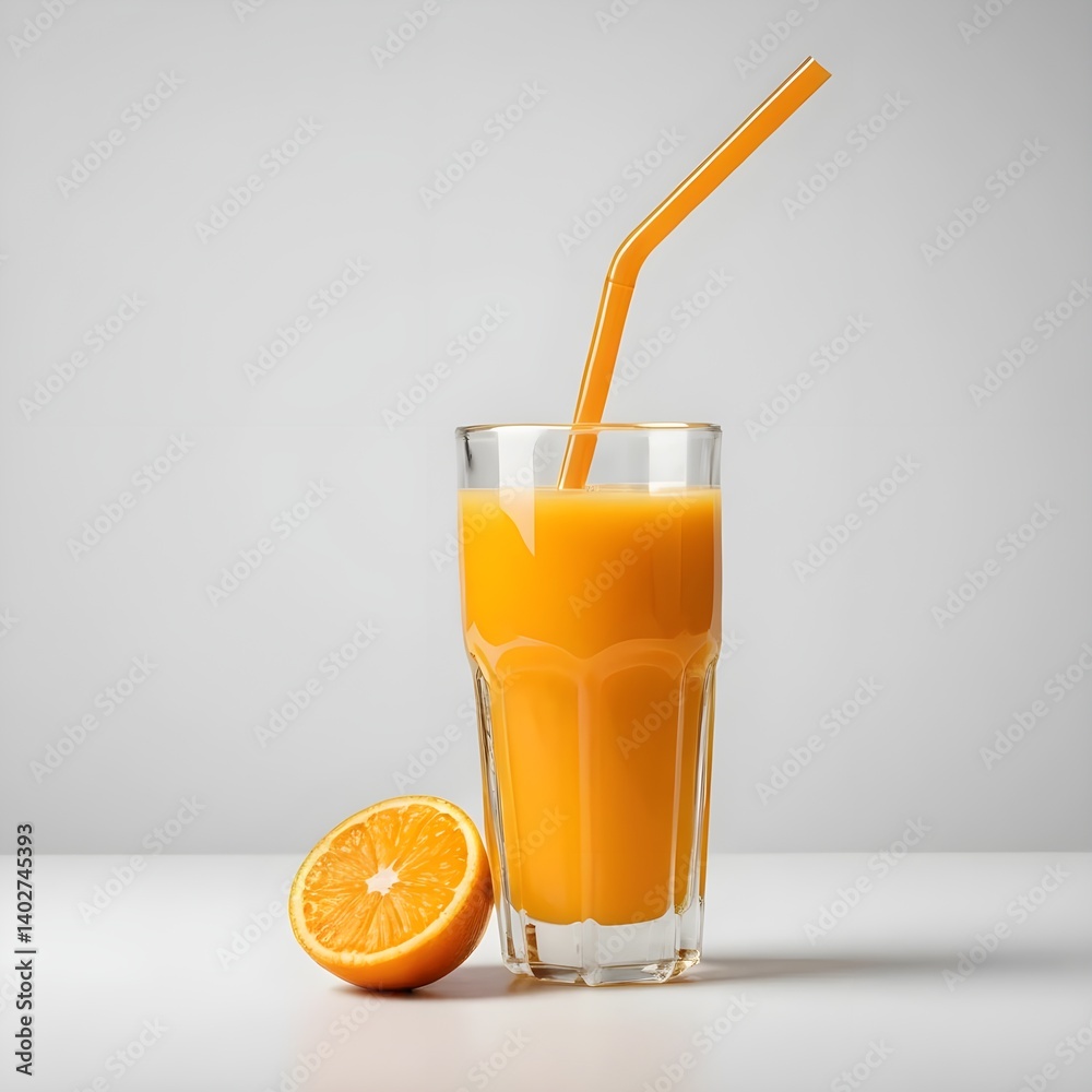 Glass of Fresh Orange Juice with Straw and Orange Slice
