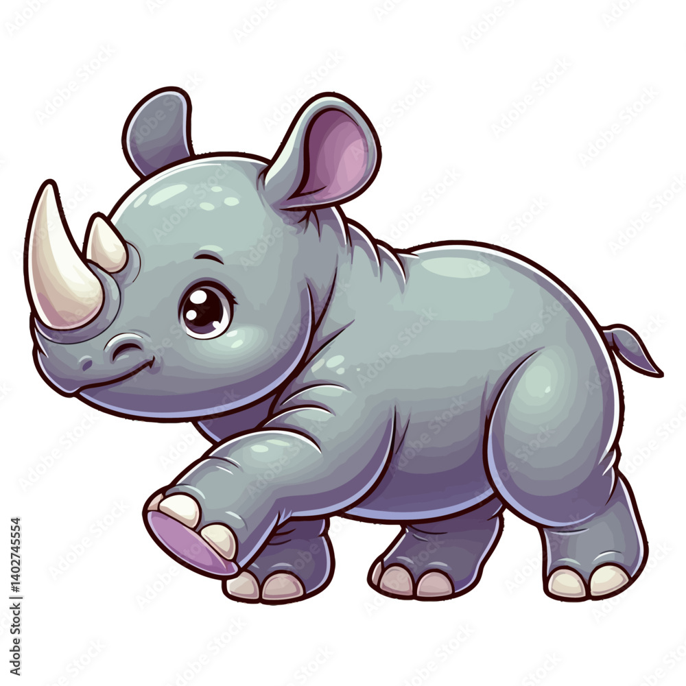 Fototapeta premium Charming cartoon illustration of a cute baby rhinoceros with big, adorable eyes, characteristic horns, and a gentle expression, taking a step. Represents adorable animals, African wildlife, and childr