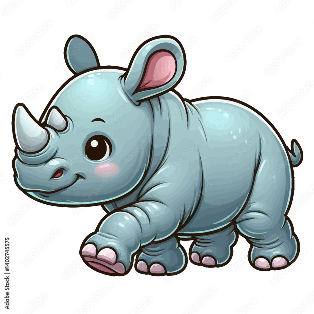 Fototapeta premium Charming cartoon illustration of a cute baby rhinoceros with big, adorable eyes, characteristic horns, and a gentle expression, taking a step. Represents adorable animals, African wildlife, and childr