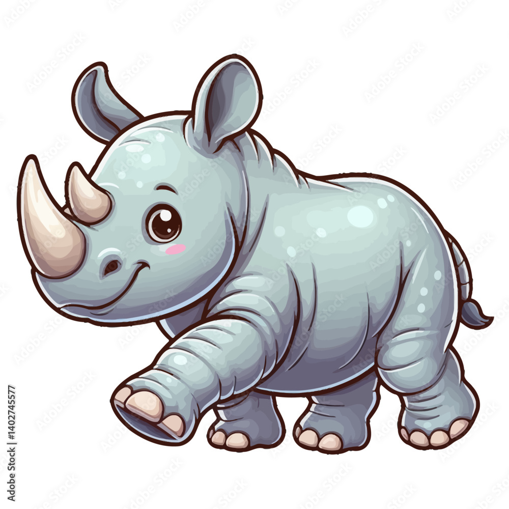 Fototapeta premium Charming cartoon illustration of a cute baby rhinoceros with big, adorable eyes, characteristic horns, and a gentle expression, taking a step. Represents adorable animals, African wildlife, and childr