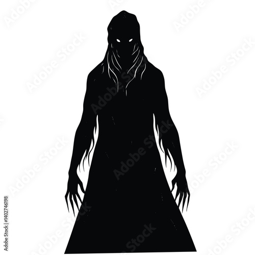Creepy Shadow Figure Illustration: Dark Fantasy Monster Silhouette with Glowing Eyes and Long Claws, Gothic Horror Art, Spooky Character Design