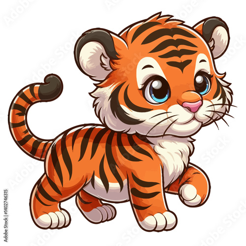 Charming cartoon illustration of a cute tiger cub with big, adorable eyes, characteristic orange and black stripes, and a playful expression, taking a step. Represents adorable animals, wildlife, and 