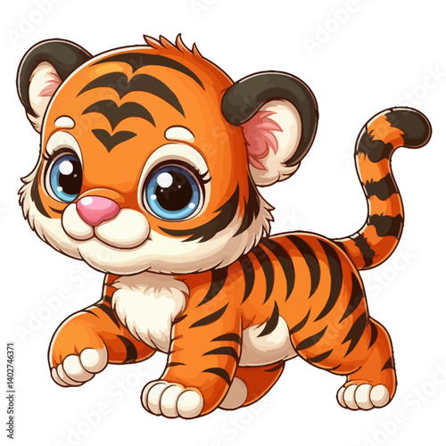 Charming cartoon illustration of a cute tiger cub with big, adorable eyes, characteristic orange and black stripes, and a playful expression, taking a step. Represents adorable animals, wildlife, and 