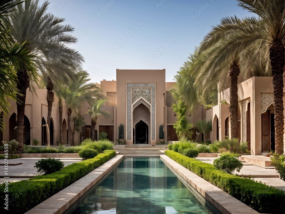 Obraz premium Luxury Courtyard with Palm Trees and a Pool