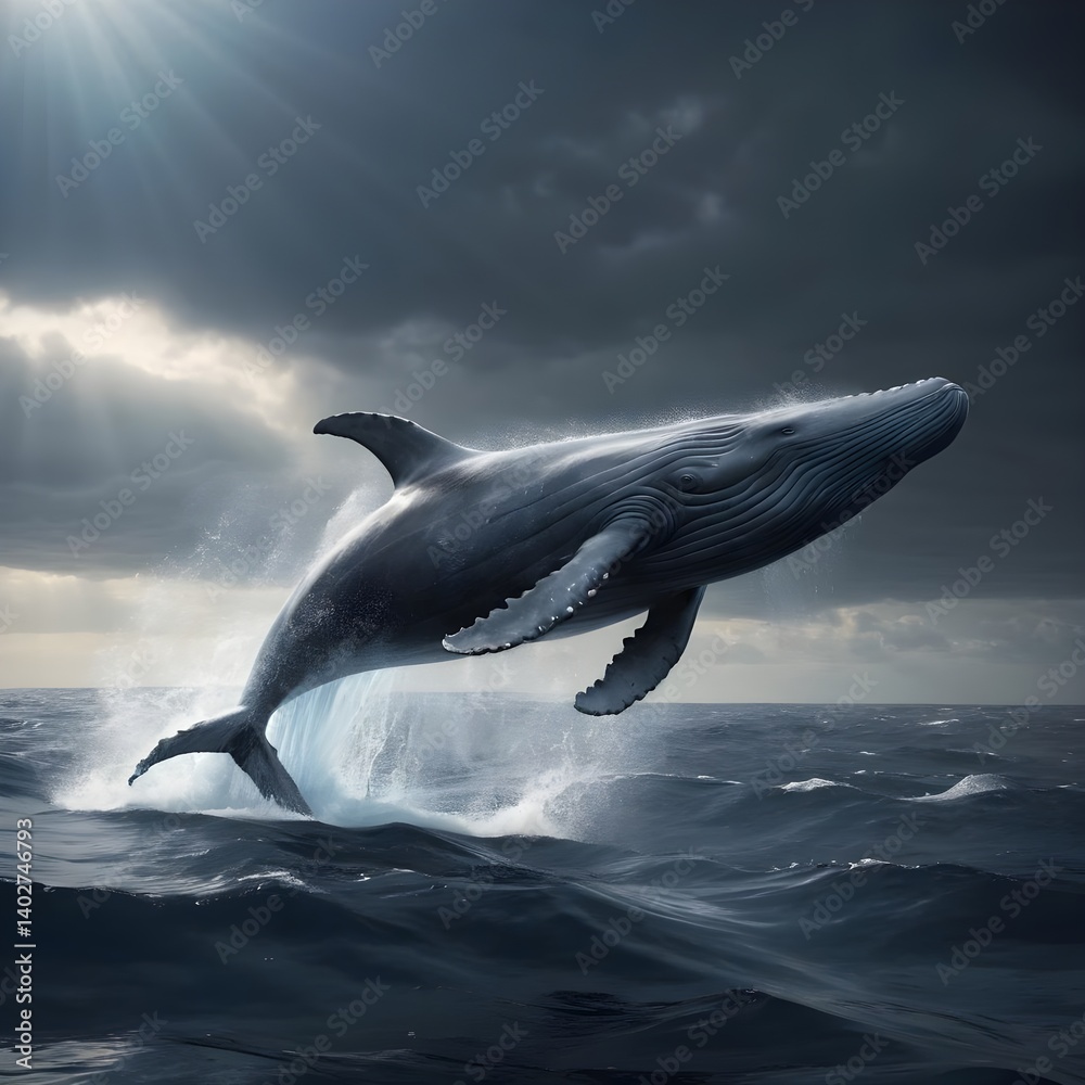 Fototapeta premium Humpback Whale Breaching in Dramatic Ocean Scene