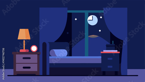 Sleep Environment An illustration showcasing a bedroom scene with the device on the bedside table featuring dark curtains a nightlight and a visible clock showing a late hour.