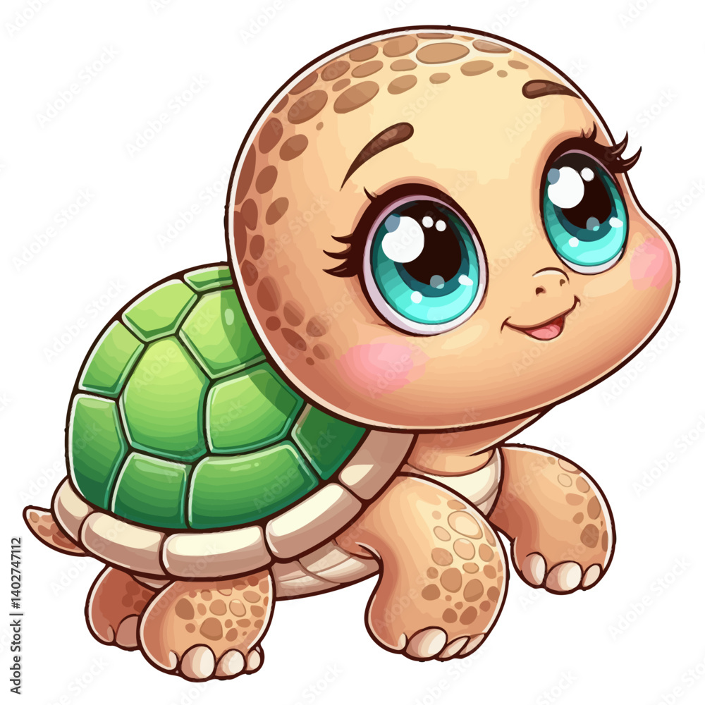 Obraz premium Charming cartoon illustration of a cute green sea turtle with big, adorable eyes and a gentle smile, swimming or crawling. Represents adorable animals, marine wildlife, and children's themes.
