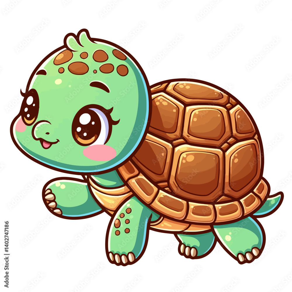 Obraz premium Charming cartoon illustration of a cute green sea turtle with big, adorable eyes and a gentle smile, swimming or crawling. Represents adorable animals, marine wildlife, and children's themes.
