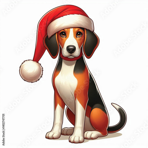 Christmas Foxhound Dog wearing santa claus hat Cartoon Vector Illustration isolated