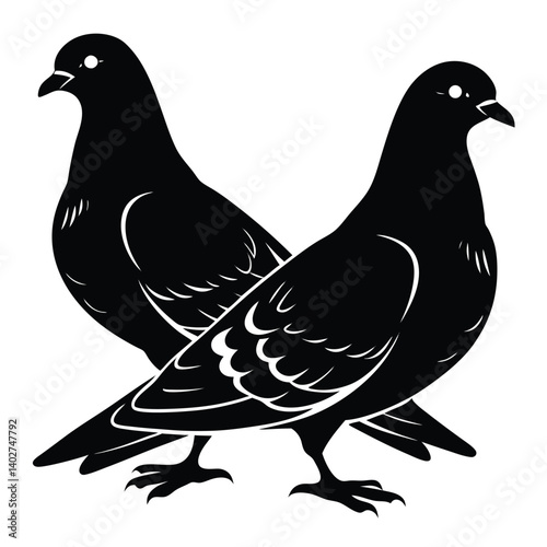 Black Silhouette of Two Pigeons: Vector Illustration of Birds, Wildlife, Ornithology, and Animal Art for Graphic Design and Decoration