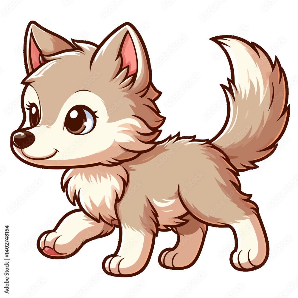 Fototapeta premium Charming cartoon illustration of a cute gray wolf cub with big, adorable eyes, fluffy fur, and a playful expression, taking a step. Represents adorable animals, woodland wildlife, and children's theme