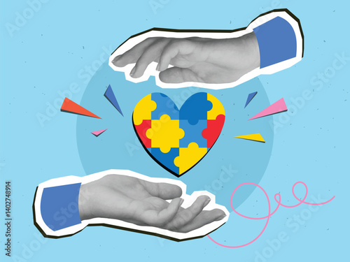 Black and white hands holding a heart-shape colorful puzzle - symbol of world Autism Awareness day. Modern photo collage style. Vector illustration
