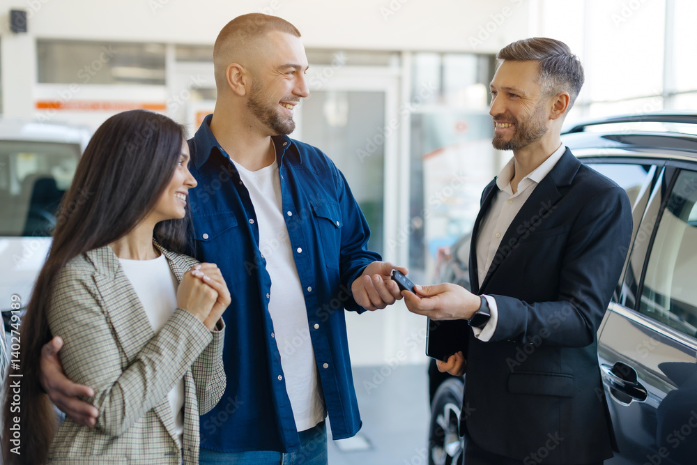 Car salesman handing car keys to happy and smiling couple in the dealership showroom, young caucasian family buying or renting new auto, luxury vehicles visible in the background Car salesman handing car keys to happy and smiling couple in the dealership showroom, young caucasian family buying or renting new auto, luxury vehicles visible in the background