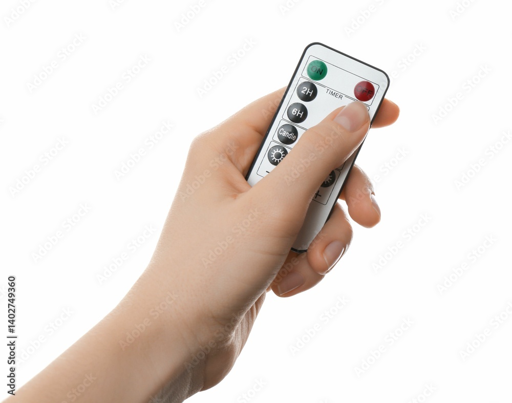 Woman with modern lighting remote control on white background, closeup