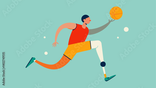 Playing Basketball An illustration of a person dribbling a basketball with a prosthetic leg while leaping to make a shot radiating energy and determination.