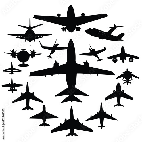 Airplane Silhouettes Vector: Aviation Aircraft Collection, Jet Plane Graphics, Black and White Design, Transportation Clipart