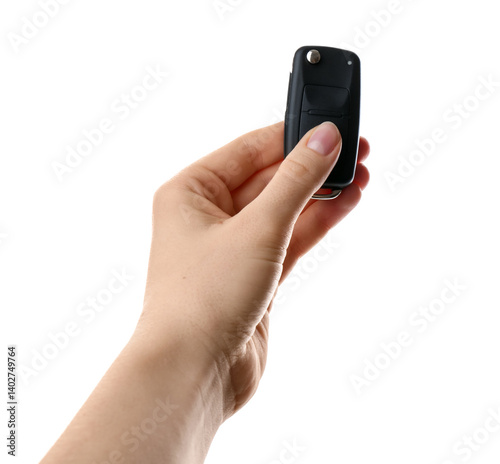 Woman with car key on white background, closeup