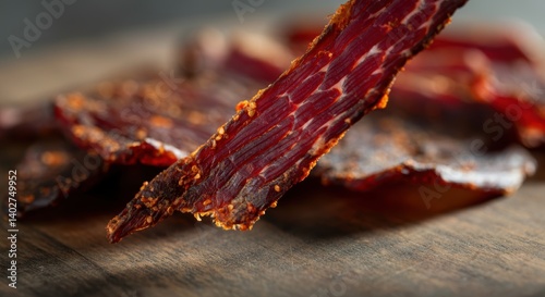 Close-up of spicy beef jerky slices on wooden surface