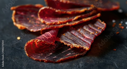 Close-up of dried beef jerky slices on dark background with spices