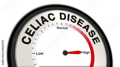 Celiac Disease text or word displayed with a barometer or tachometer-style gauge showing levels from low to normal to high, symbolizing sensitivity to gluten and digestive health impact