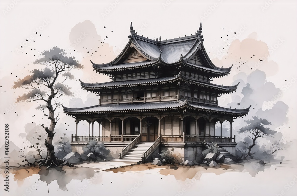 Serene watercolor painting of an East Asian temple nestled amongst stylized trees and rocks. The architecture is detailed, conveying a sense of peace and tranquility. Serene watercolor painting of an East Asian temple nestled amongst stylized trees and rocks. The architecture is detailed, conveying a sense of peace and tranquility.