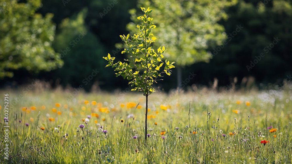 Fototapeta premium A young green tree sprouting in the center of a wildflower meadow