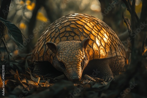 A close-up shot of an armadillo's head and body, its skin covered in yellowish-brown patterns that resemble scales or armor. 