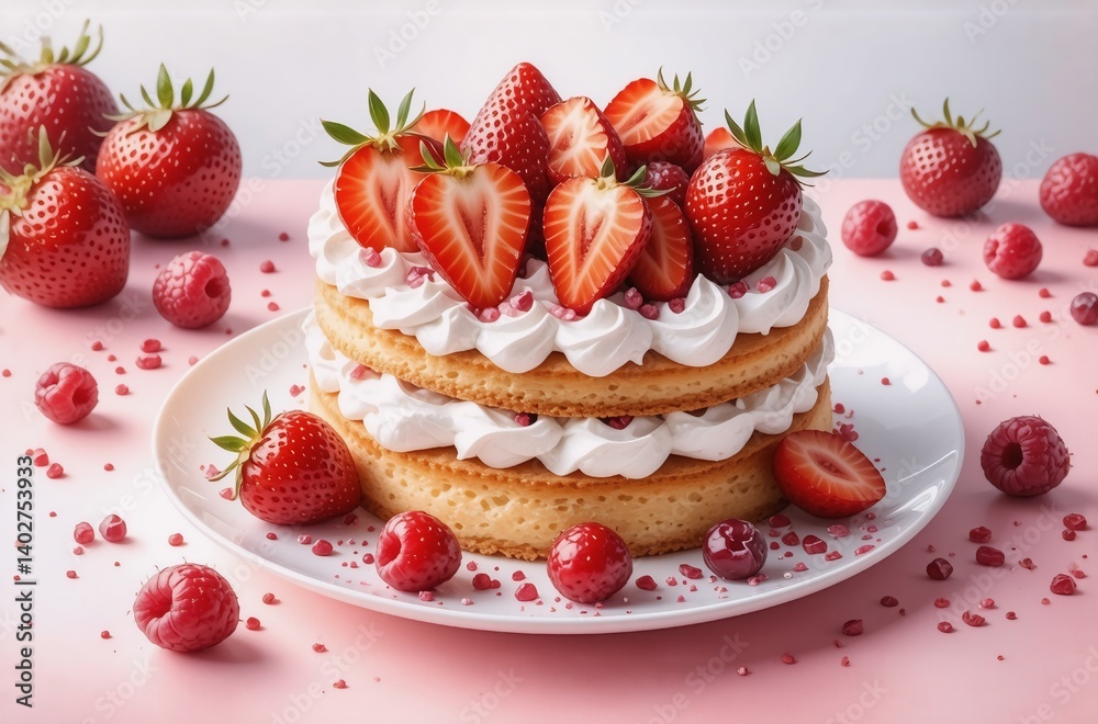 A delectable two-layered cake adorned with fresh strawberries and raspberries, sits on a pink surface, surrounded by more berries and pink sprinkles. Creamy frosting layers the cake. A delectable two-layered cake adorned with fresh strawberries and raspberries, sits on a pink surface, surrounded by more berries and pink sprinkles. Creamy frosting layers the cake.