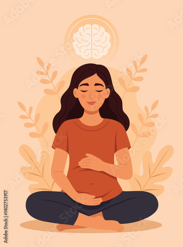 Women's Health Day. Mental health. Postpartum depression. Pregnant girl hugs herself, puts her hands on her heart and belly. Harmony and calm. Vector illustration for health and psychology projects