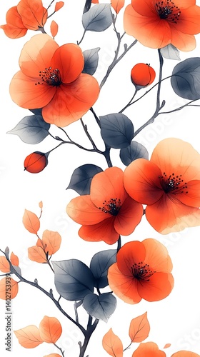 Vibrant Floral Phone Wallpaper  Orange Flowers with Dark Outlines & Green Leaves on White Background | Artistic Mobile Design

