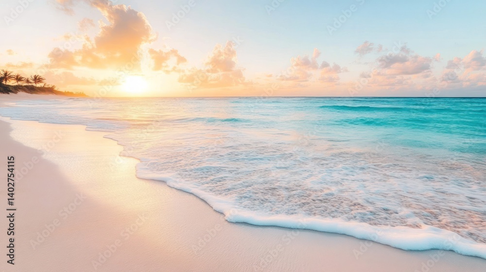 Tropical beach sunrise, waves gently lapping shore, palm trees, travel brochure Tropical beach sunrise, waves gently lapping shore, palm trees, travel brochure