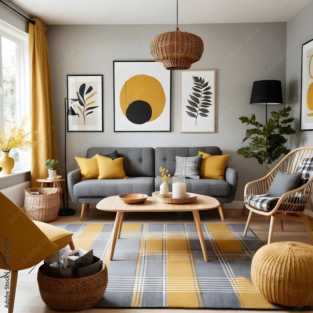 Obraz premium Cozy Living Room Interior with Mustard Yellow and Gray Accents