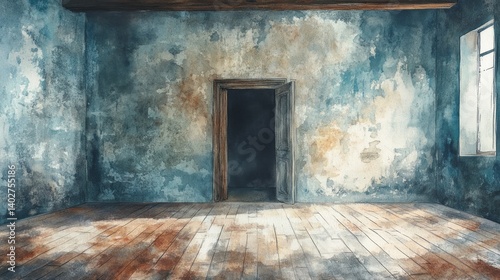 Watercolor painting depicts an old room with an open doorway