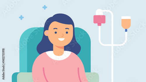 Smiling Client A female client sitting comfortably in a clinic chair with a smile on her face receiving an IV infusion surrounded by soft pastel colors.