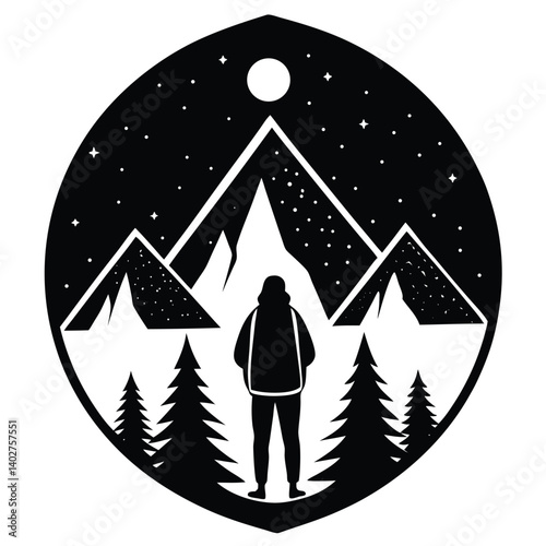 Mountain Wanderer Silhouette Art: Night Sky, Stars, Trees, Adventure, Outdoors, Nature, Landscape, Vector Illustration