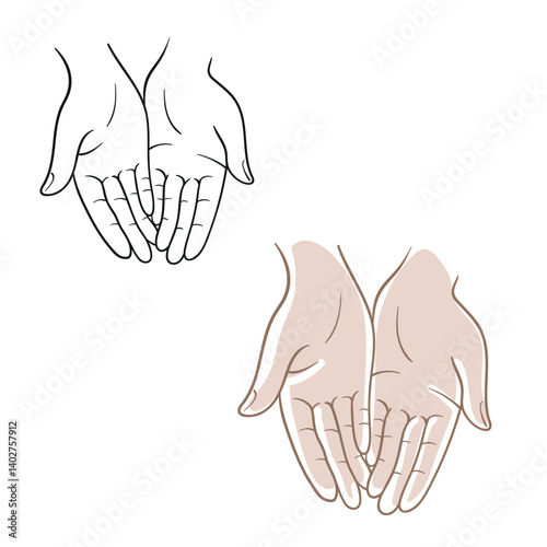 Two hands together with palms up, top view black and white outline and color. Gestures, hands clasped together. Religion, faith. Sketch. Close up top view