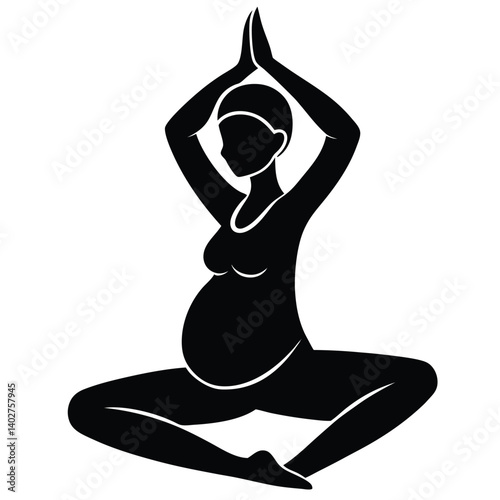 Pregnant Woman Yoga Pose Vector Illustration: Prenatal Fitness, Meditation, Wellness, Black Silhouette Graphic Art