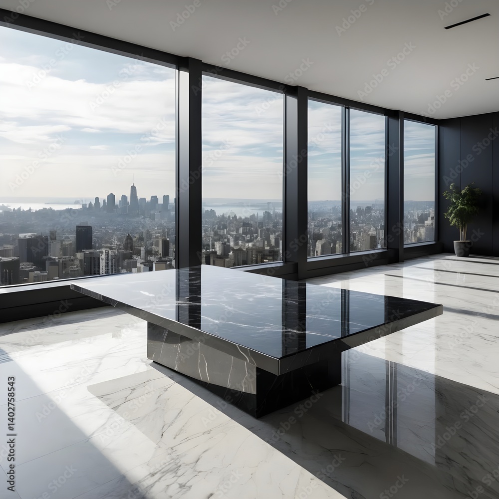 Fototapeta premium Modern Black Marble Table with City View