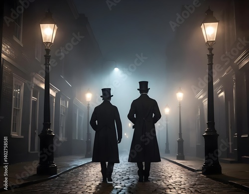 Victorian Gentlemen Walking Foggy Street at Night