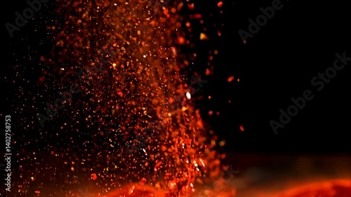 A cinematic slow-motion close-up shot of vibrant red chili powder exploding into the air against a deep, dark background.