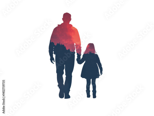 Father and daughter walking together on a sunset evening, cut out