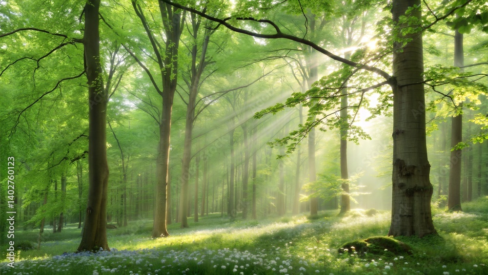 Obraz premium Green spring forest with sunrays shining through leaves