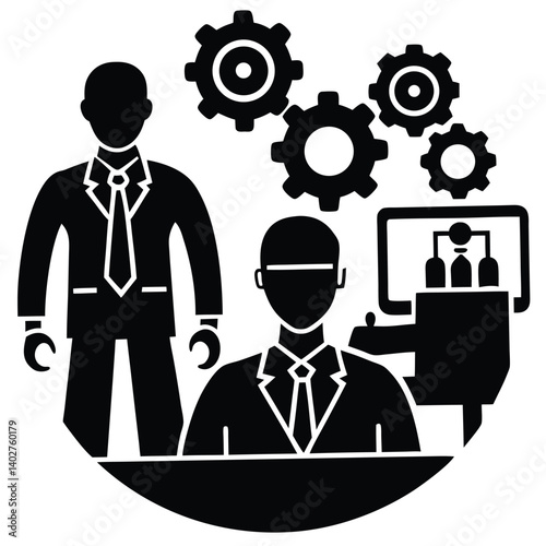 Business Automation Vector Illustration: Teamwork, Gears, Technology, Management, & Strategy in Black & White Icon Style