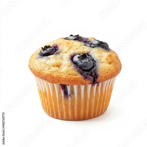 A freshly baked blueberry muffin with a golden brown top and soft crumb, isolated white background, hyperrealism art style
