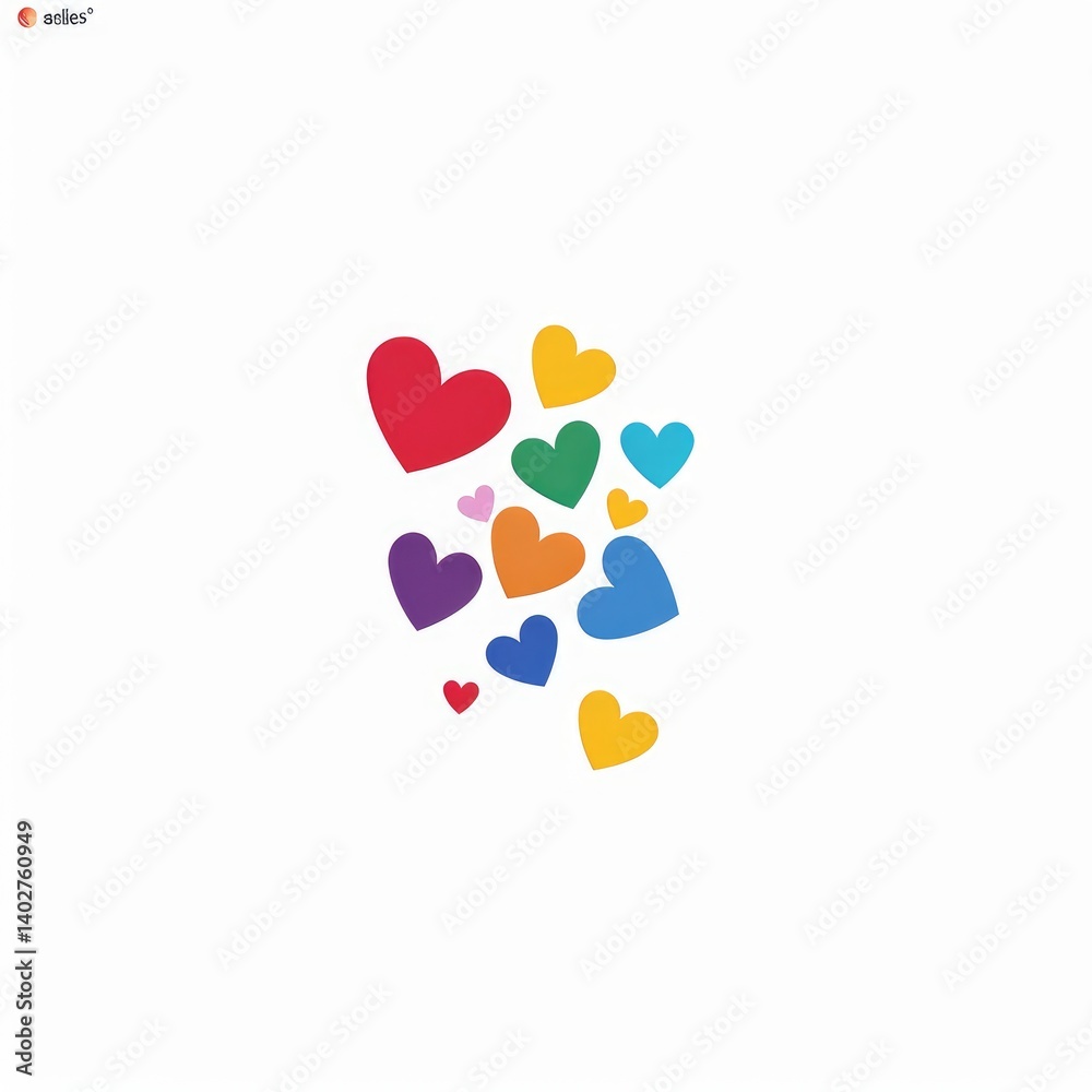 Colorful hearts scattered on white background