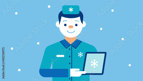 Staff Member An illustration of a friendly staff member in a uniform assisting a client. The staff member smiles and holds a tablet displaying information about the cryotherapy