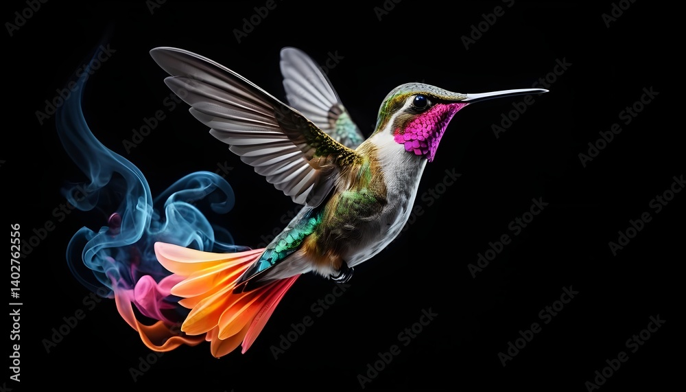 Obraz premium Hummingbird in Flight with Colorful Smoke Trail