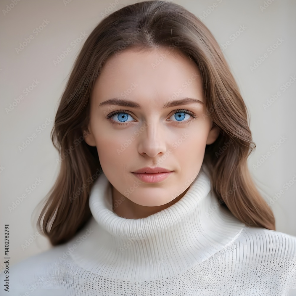 Fototapeta premium Portrait of a Young Woman with Blue Eyes Wearing a Cream-Colored Turtleneck Sweater